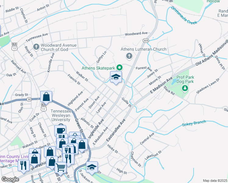 map of restaurants, bars, coffee shops, grocery stores, and more near 200 Guille Street in Athens
