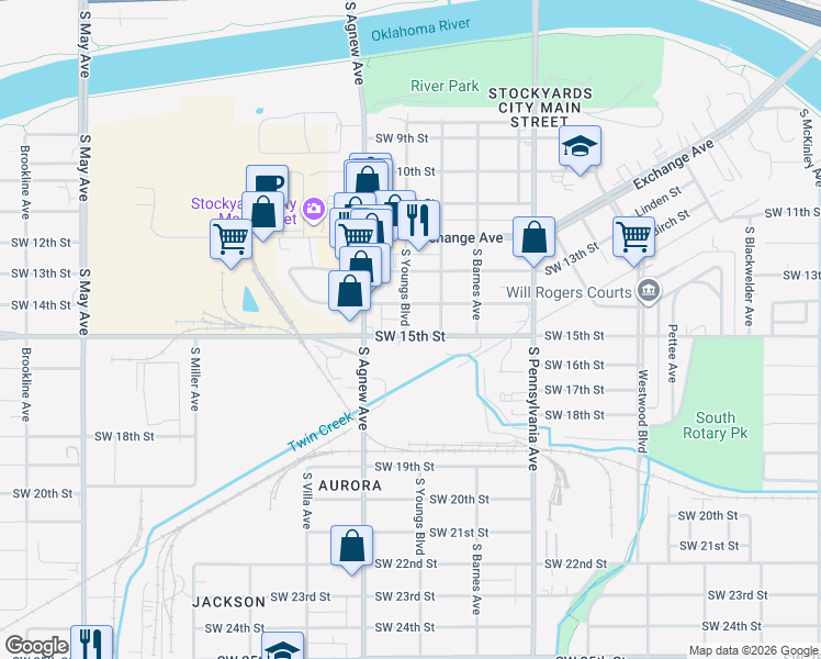map of restaurants, bars, coffee shops, grocery stores, and more near 2200 Southwest 15th Street in Oklahoma City