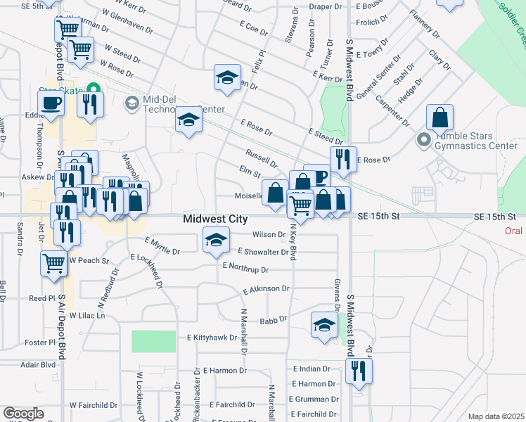 map of restaurants, bars, coffee shops, grocery stores, and more near 7413 Southeast 15th Street in Midwest City