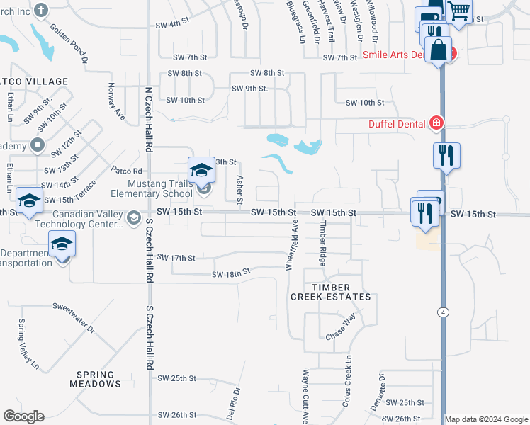 map of restaurants, bars, coffee shops, grocery stores, and more near 11808 Southwest 15th Street in Yukon