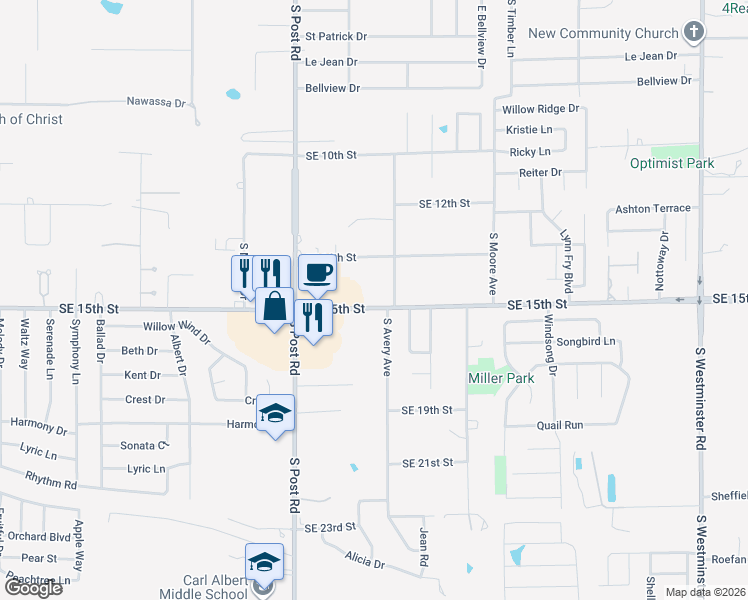 map of restaurants, bars, coffee shops, grocery stores, and more near 10217 Southeast 15th Street in Midwest City