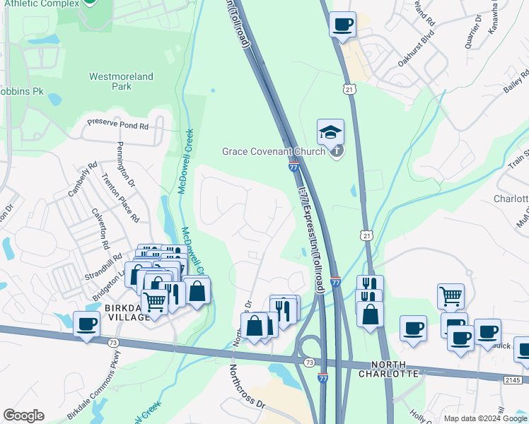 map of restaurants, bars, coffee shops, grocery stores, and more near 8901 Oakmoor Court in Cornelius
