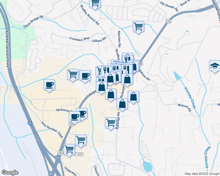 map of restaurants, bars, coffee shops, grocery stores, and more near 325 Airport Road in Arden