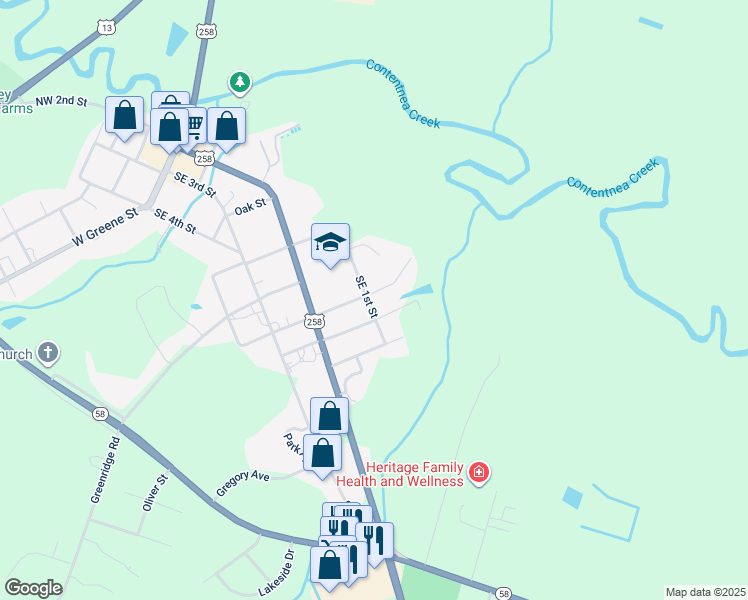 map of restaurants, bars, coffee shops, grocery stores, and more near 302 Southeast 1st Street in Snow Hill