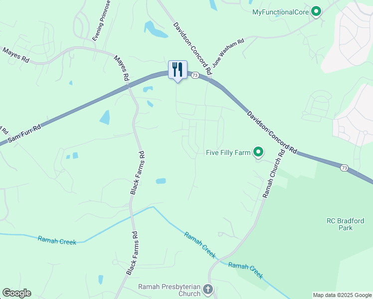 map of restaurants, bars, coffee shops, grocery stores, and more near 15210 Black Farms Road in Huntersville