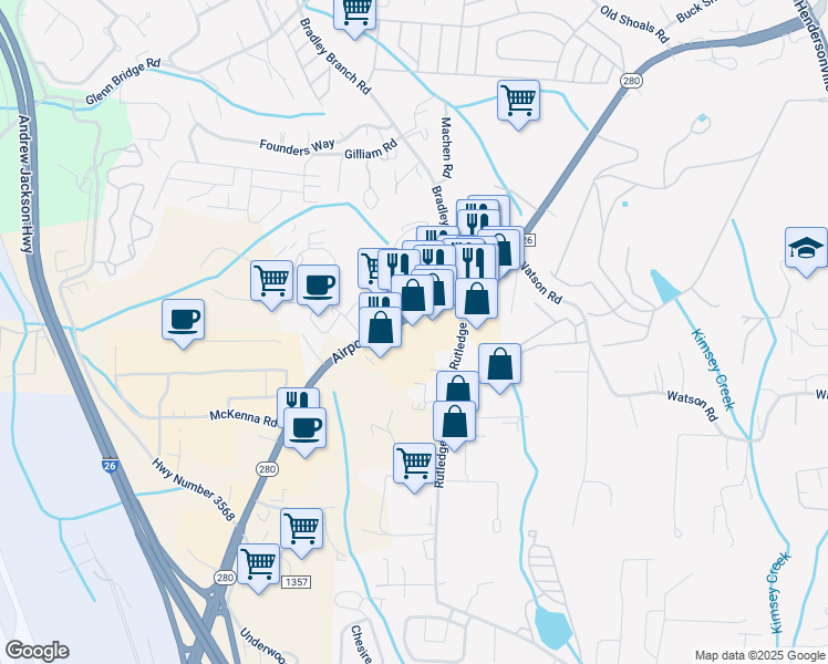map of restaurants, bars, coffee shops, grocery stores, and more near 325 Airport Road in Arden