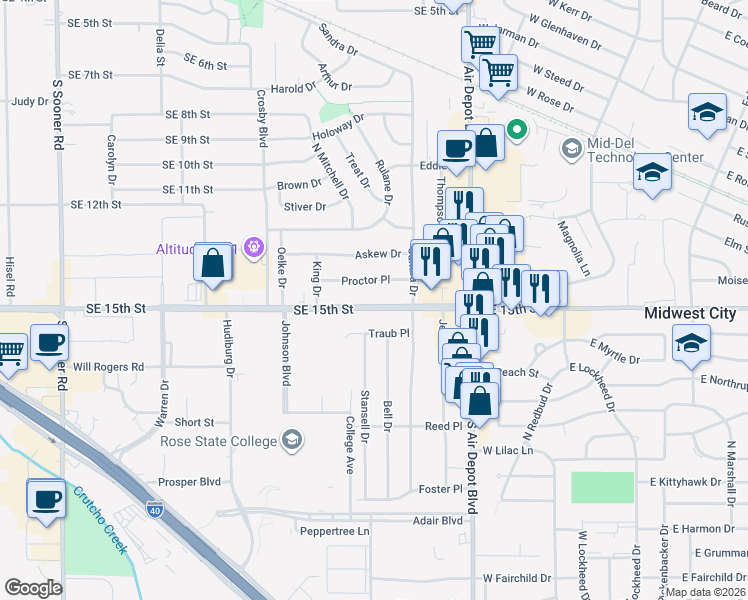 map of restaurants, bars, coffee shops, grocery stores, and more near 6700 Southeast 15th Street in Midwest City