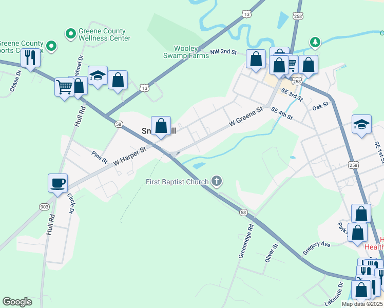map of restaurants, bars, coffee shops, grocery stores, and more near 406 West Greene Street in Snow Hill