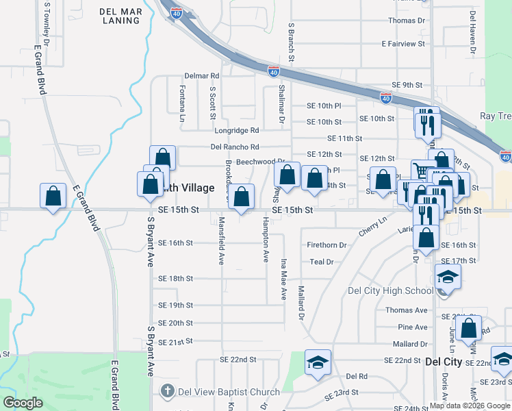 map of restaurants, bars, coffee shops, grocery stores, and more near 3382 Southeast 15th Street in Del City
