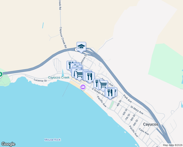 map of restaurants, bars, coffee shops, grocery stores, and more near 61 Birch Avenue in Cayucos