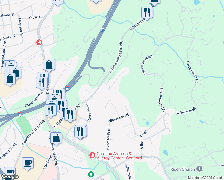 map of restaurants, bars, coffee shops, grocery stores, and more near 854 Tanglewood Drive Northeast in Concord