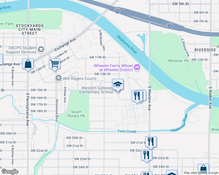 map of restaurants, bars, coffee shops, grocery stores, and more near 1300-1398 Southwest 15th Street in Oklahoma City