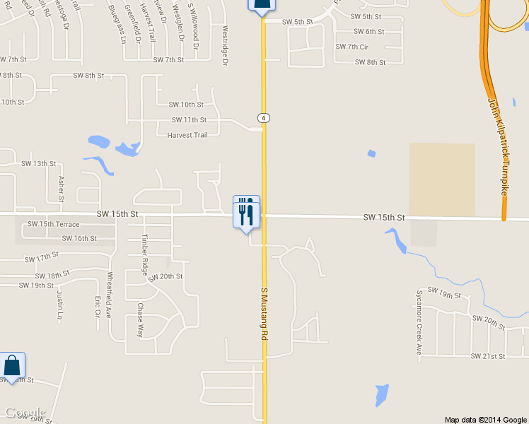 map of restaurants, bars, coffee shops, grocery stores, and more near 2004 South Mustang Road in Yukon