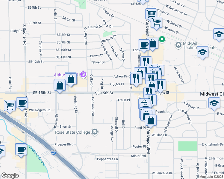 map of restaurants, bars, coffee shops, grocery stores, and more near 6536 Southeast 15th Street in Midwest City