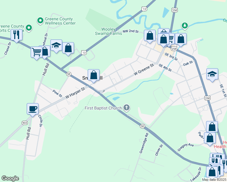 map of restaurants, bars, coffee shops, grocery stores, and more near 404 West Greene Street in Snow Hill
