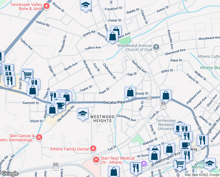 map of restaurants, bars, coffee shops, grocery stores, and more near 401 Pope Street in Athens