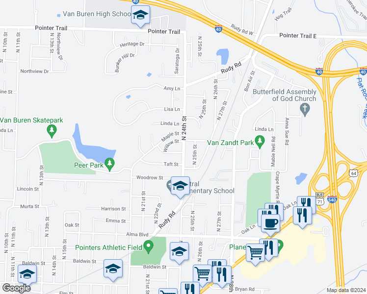 map of restaurants, bars, coffee shops, grocery stores, and more near 2312 Birch Street in Van Buren