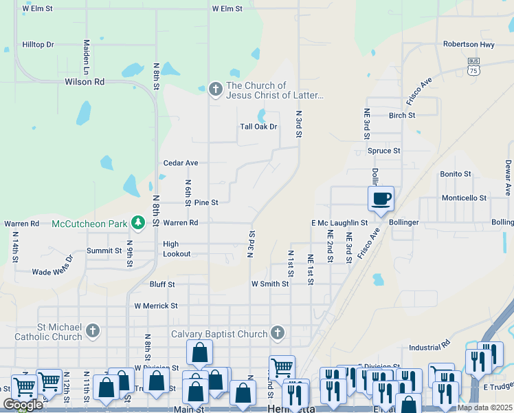 map of restaurants, bars, coffee shops, grocery stores, and more near 1105 Hillcrest Drive in Henryetta