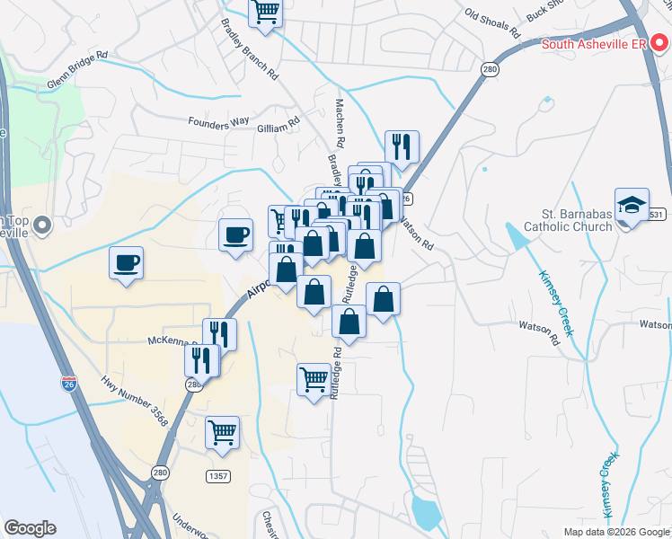 map of restaurants, bars, coffee shops, grocery stores, and more near 305 Airport Road in Arden