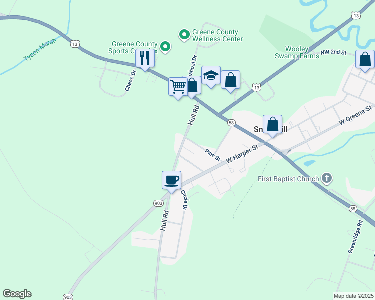 map of restaurants, bars, coffee shops, grocery stores, and more near Elm Street in Snow Hill