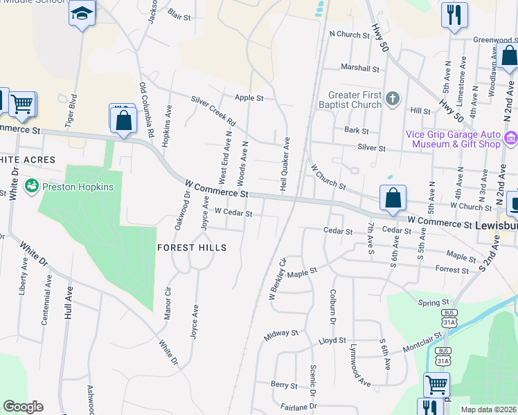 map of restaurants, bars, coffee shops, grocery stores, and more near 203 Boyette Avenue in Lewisburg