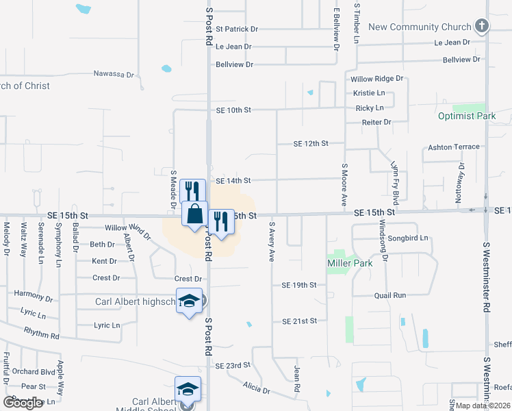 map of restaurants, bars, coffee shops, grocery stores, and more near 10217 Southeast 15th Street in Midwest City