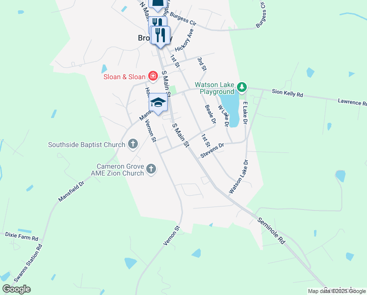 map of restaurants, bars, coffee shops, grocery stores, and more near 409 South Main Street in Broadway