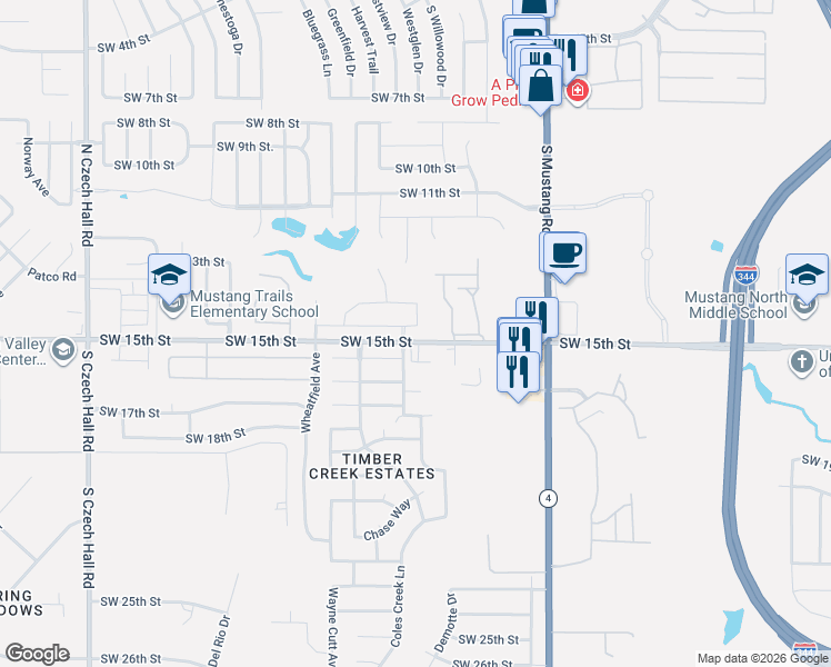map of restaurants, bars, coffee shops, grocery stores, and more near 11630 Southwest 15th Street in Yukon