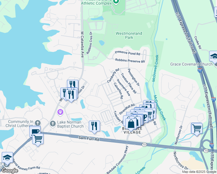 map of restaurants, bars, coffee shops, grocery stores, and more near 16535 Knox Run Road in Huntersville