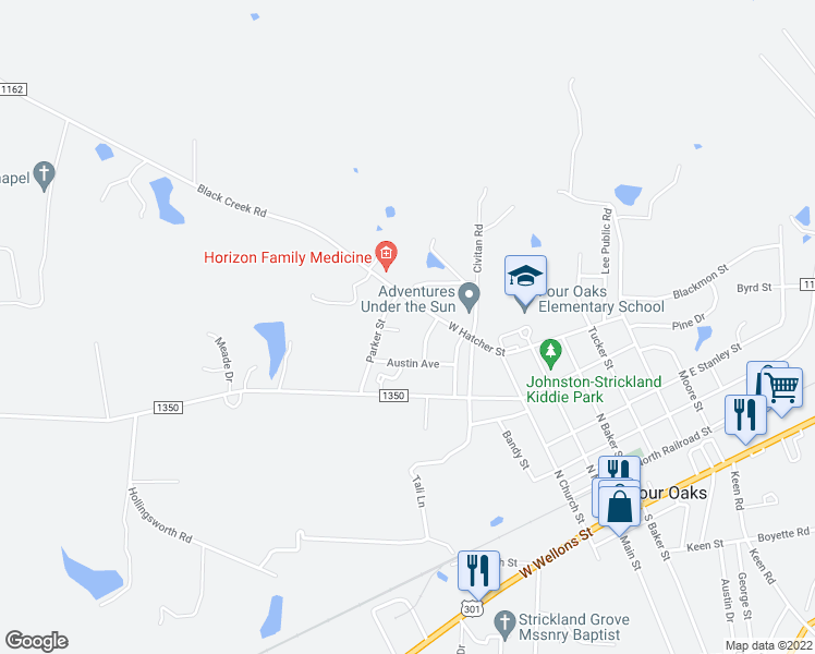 map of restaurants, bars, coffee shops, grocery stores, and more near 105 Creech Circle in Four Oaks