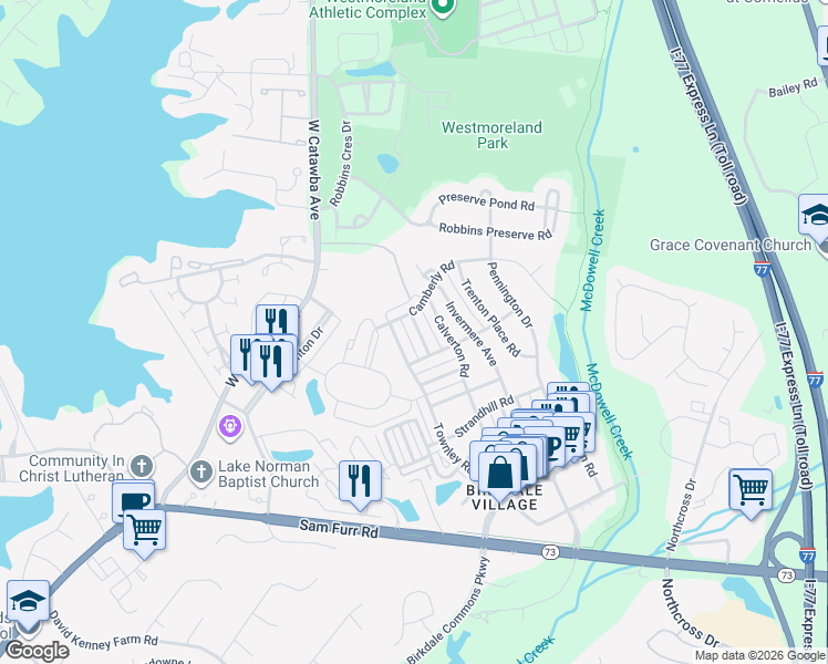 map of restaurants, bars, coffee shops, grocery stores, and more near 16509 Knox Run Road in Huntersville