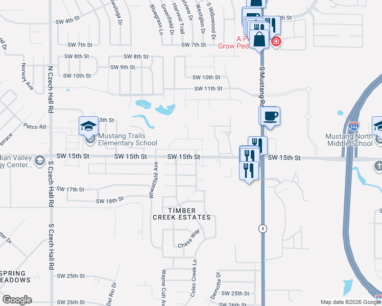 map of restaurants, bars, coffee shops, grocery stores, and more near 11713 Southwest 16th Street in Yukon