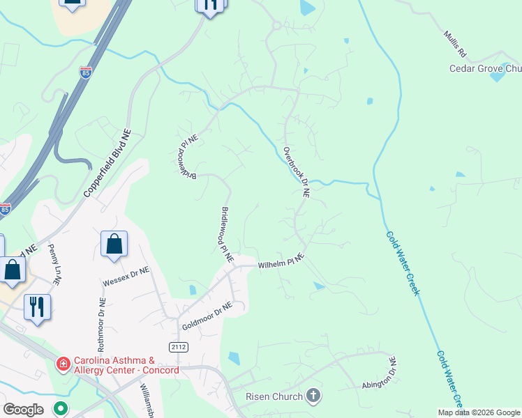 map of restaurants, bars, coffee shops, grocery stores, and more near 111 Overbrook Drive Northeast in Concord