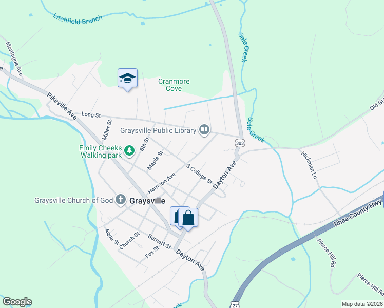 map of restaurants, bars, coffee shops, grocery stores, and more near 209 South College Street in Graysville