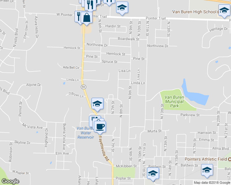 map of restaurants, bars, coffee shops, grocery stores, and more near 1103 North 8th Street in Van Buren