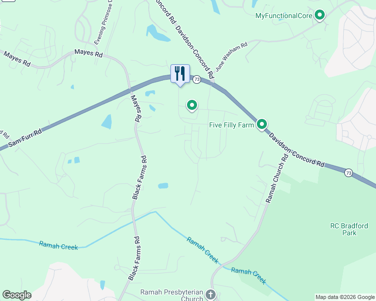 map of restaurants, bars, coffee shops, grocery stores, and more near 15210 Black Farms Road in Huntersville