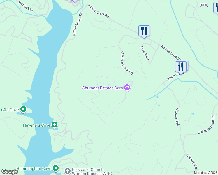 map of restaurants, bars, coffee shops, grocery stores, and more near 198 Woodland Circle in Lake Lure