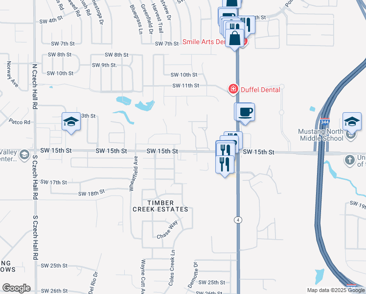 map of restaurants, bars, coffee shops, grocery stores, and more near 11630 Southwest 15th Street in Yukon