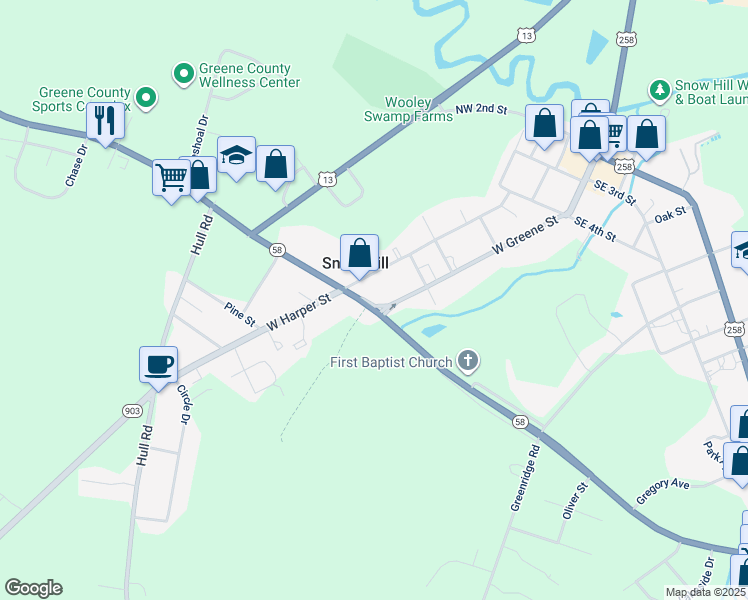 map of restaurants, bars, coffee shops, grocery stores, and more near 101 Kingold Boulevard in Snow Hill