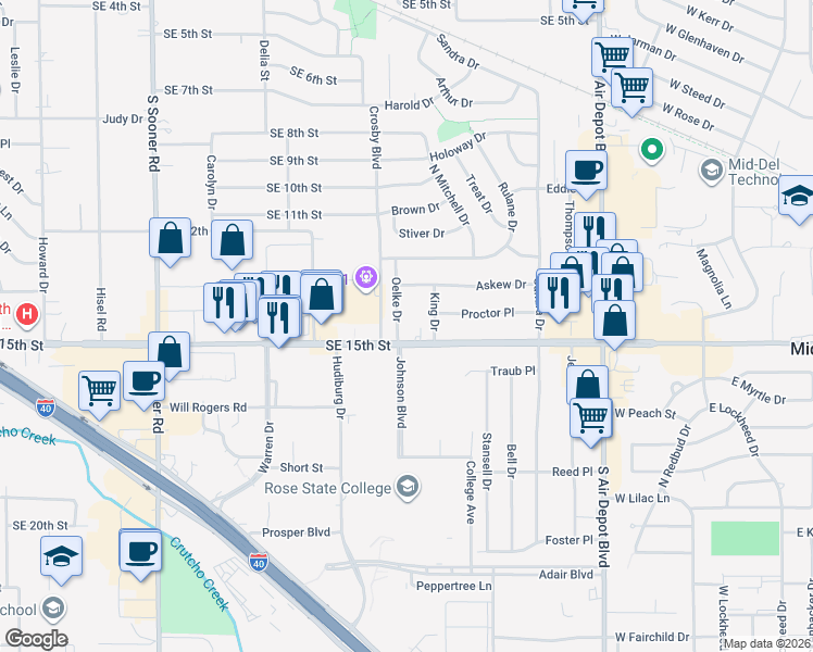 map of restaurants, bars, coffee shops, grocery stores, and more near 1505 Oelke Drive in Midwest City