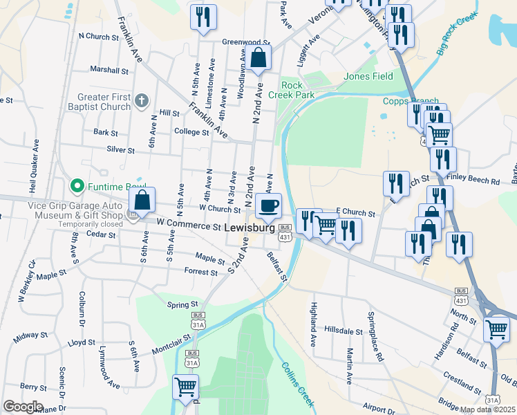 map of restaurants, bars, coffee shops, grocery stores, and more near 118 Water Street in Lewisburg