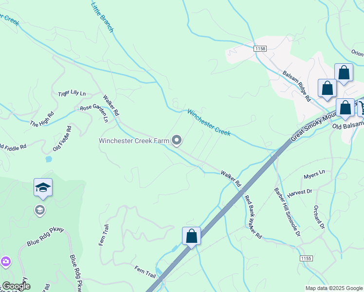 map of restaurants, bars, coffee shops, grocery stores, and more near 362 Walker Road in Waynesville