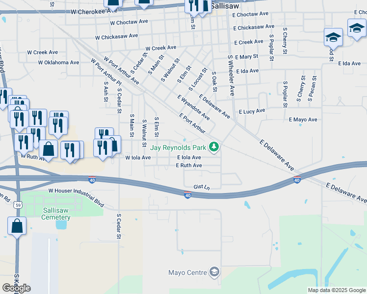 map of restaurants, bars, coffee shops, grocery stores, and more near Chestnut Street in Sallisaw