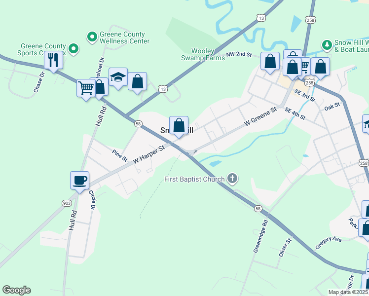 map of restaurants, bars, coffee shops, grocery stores, and more near 101 Kingold Boulevard in Snow Hill