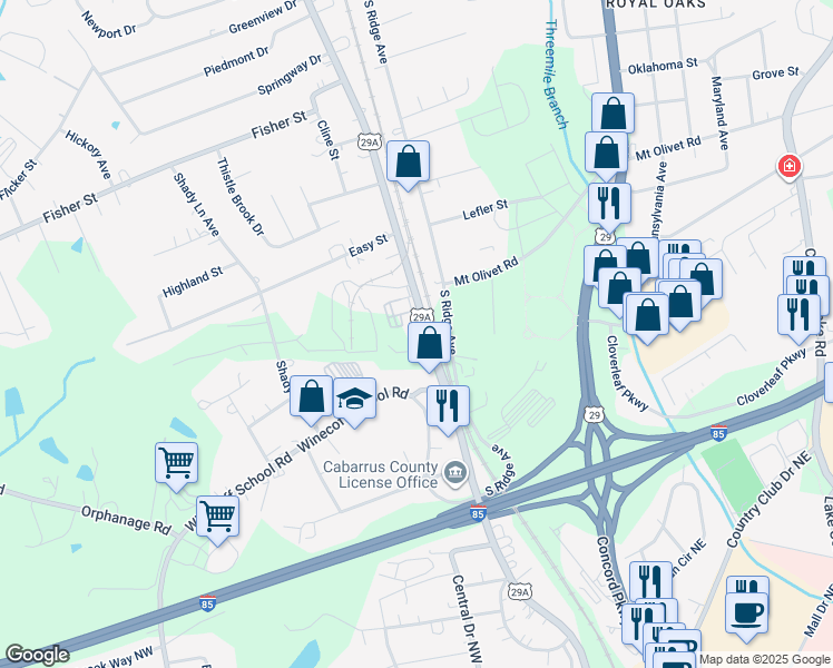 map of restaurants, bars, coffee shops, grocery stores, and more near 2830 South Main Street in Concord