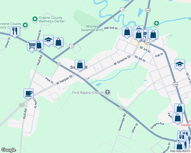 map of restaurants, bars, coffee shops, grocery stores, and more near 404 West Greene Street in Snow Hill
