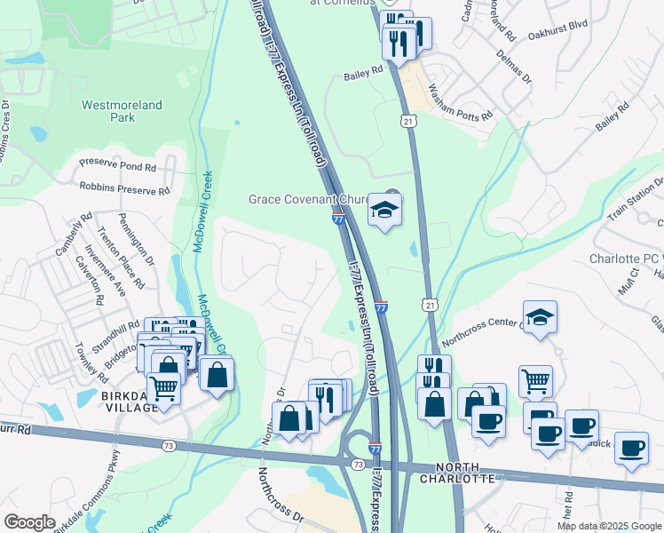 map of restaurants, bars, coffee shops, grocery stores, and more near 9007 Mapledale Court in Cornelius