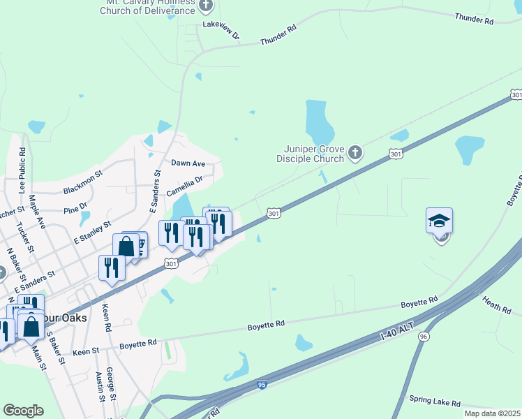 map of restaurants, bars, coffee shops, grocery stores, and more near 5620 U.S. 301 in Four Oaks