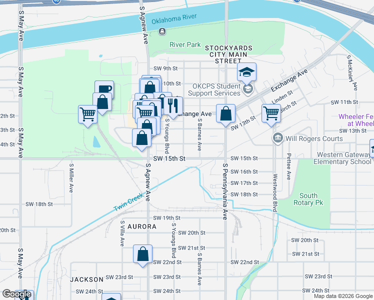 map of restaurants, bars, coffee shops, grocery stores, and more near 2017 Southwest 14th Street in Oklahoma City