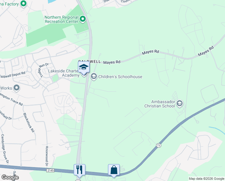 map of restaurants, bars, coffee shops, grocery stores, and more near 17520 Caldwell Station Road in Huntersville